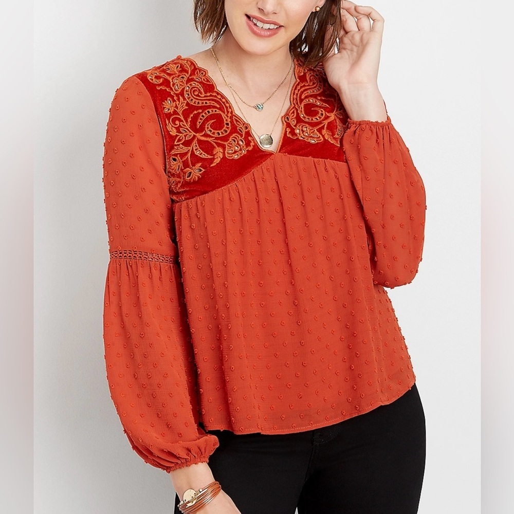 Indigo poppy Swiss dot burnt orange velvet yoke peasant blouse with puff sleeves